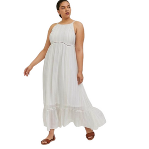 Torrid Size 1X White Stripe Natural Gauze Woven Crochet Insets Tiered Maxi Dress